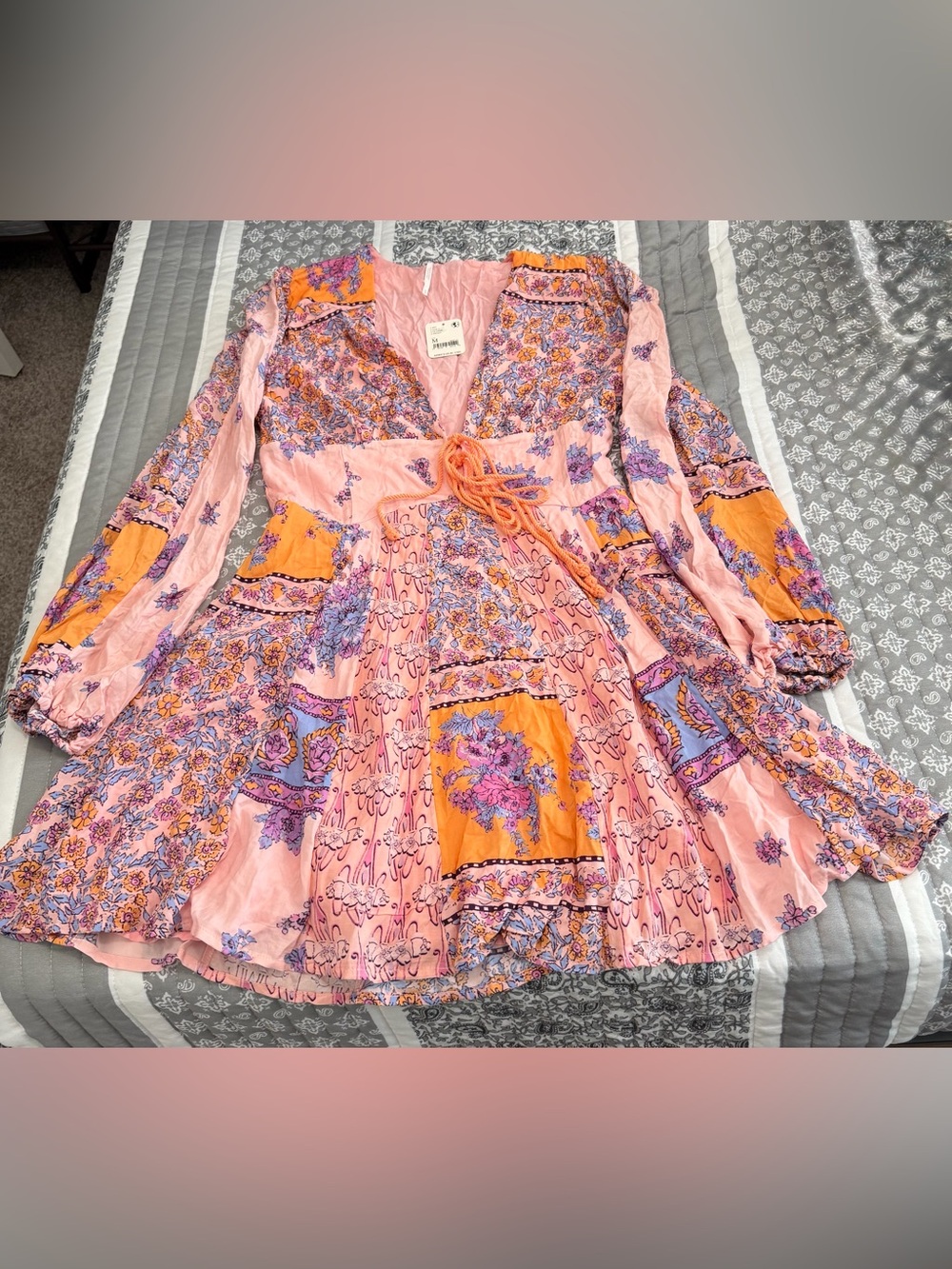 Free People Mixin It Up Mini Dress in Peach Combo - NWT - Picture 7 of 11